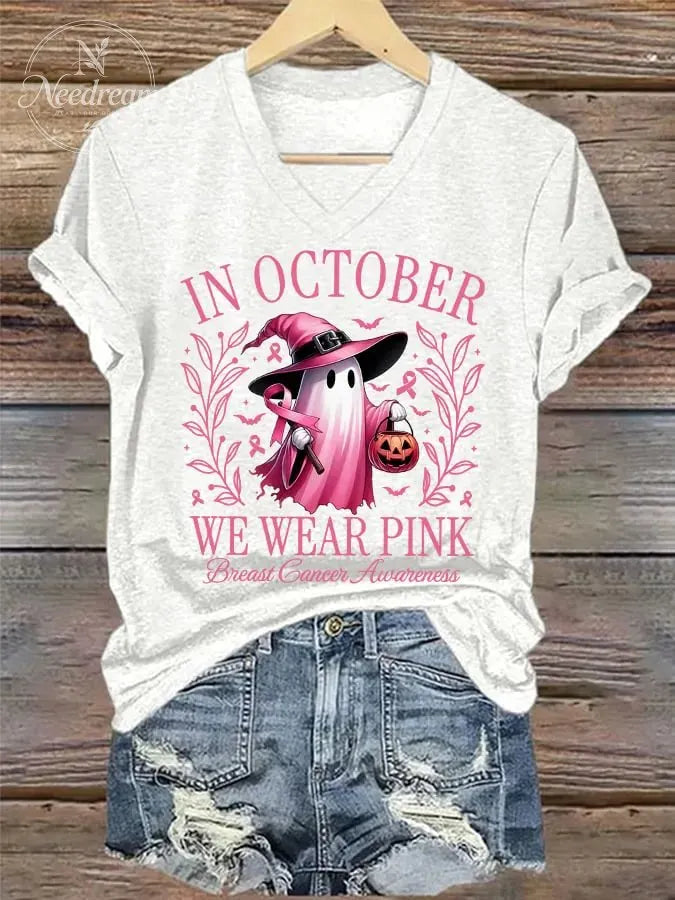 Women's In October We Wear Pink Halloween Ghost Breast Cancer Awareness Warrior V-Neck Tee