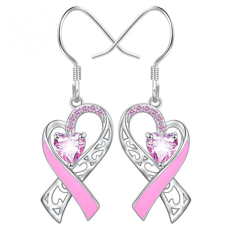 Pink Heart-Shaped Ribbon Shaped Diamond Studded Heart-Shaped Earrings