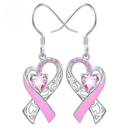 Pink Heart-Shaped Ribbon Shaped Diamond Studded Heart-Shaped Earrings