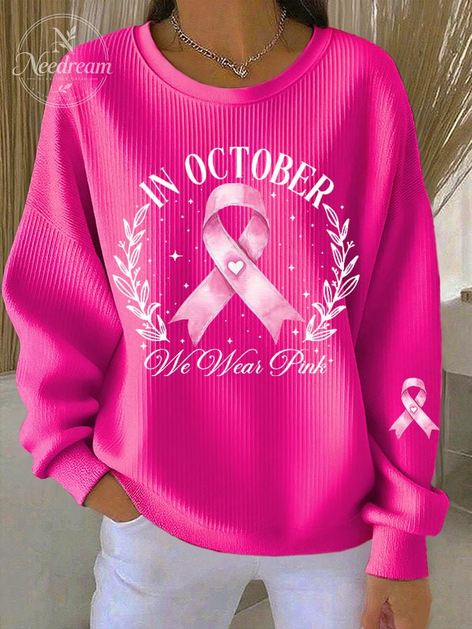 Women's Breast Cancer IN OCTOBER We Wear Pink Print Knit Crew Neck Long Sleeve Top