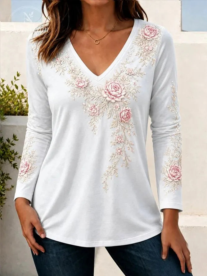 Women Floral Long Sleeve Tee T-shirt V Neck Casual Spring/Fall Top