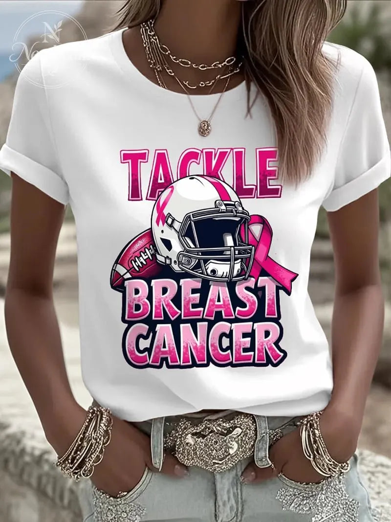 Women's Tackle Breast Cancer Football Gameday Printed Short-Sleeved T-Shirt
