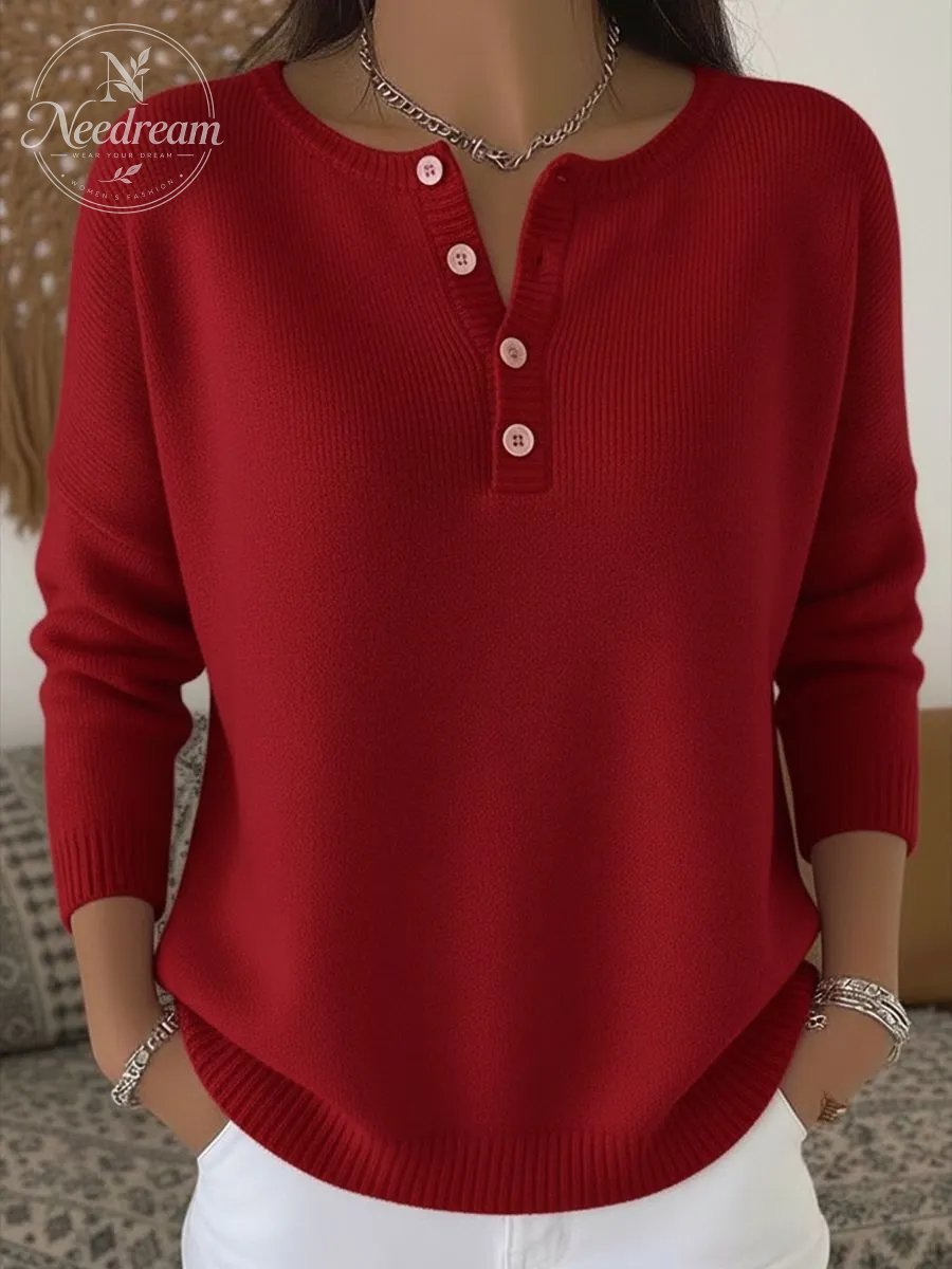 Women Plain Casual Long Sleeve Henley Collar Cotton Sweater