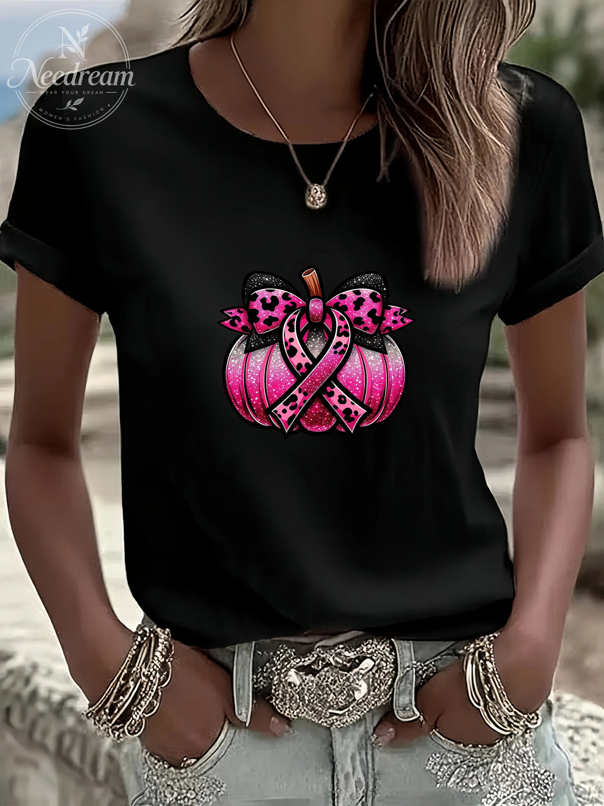 Women'S Breast Cancer Ribbon Pumpkin Casual Round Neck T-Shirt