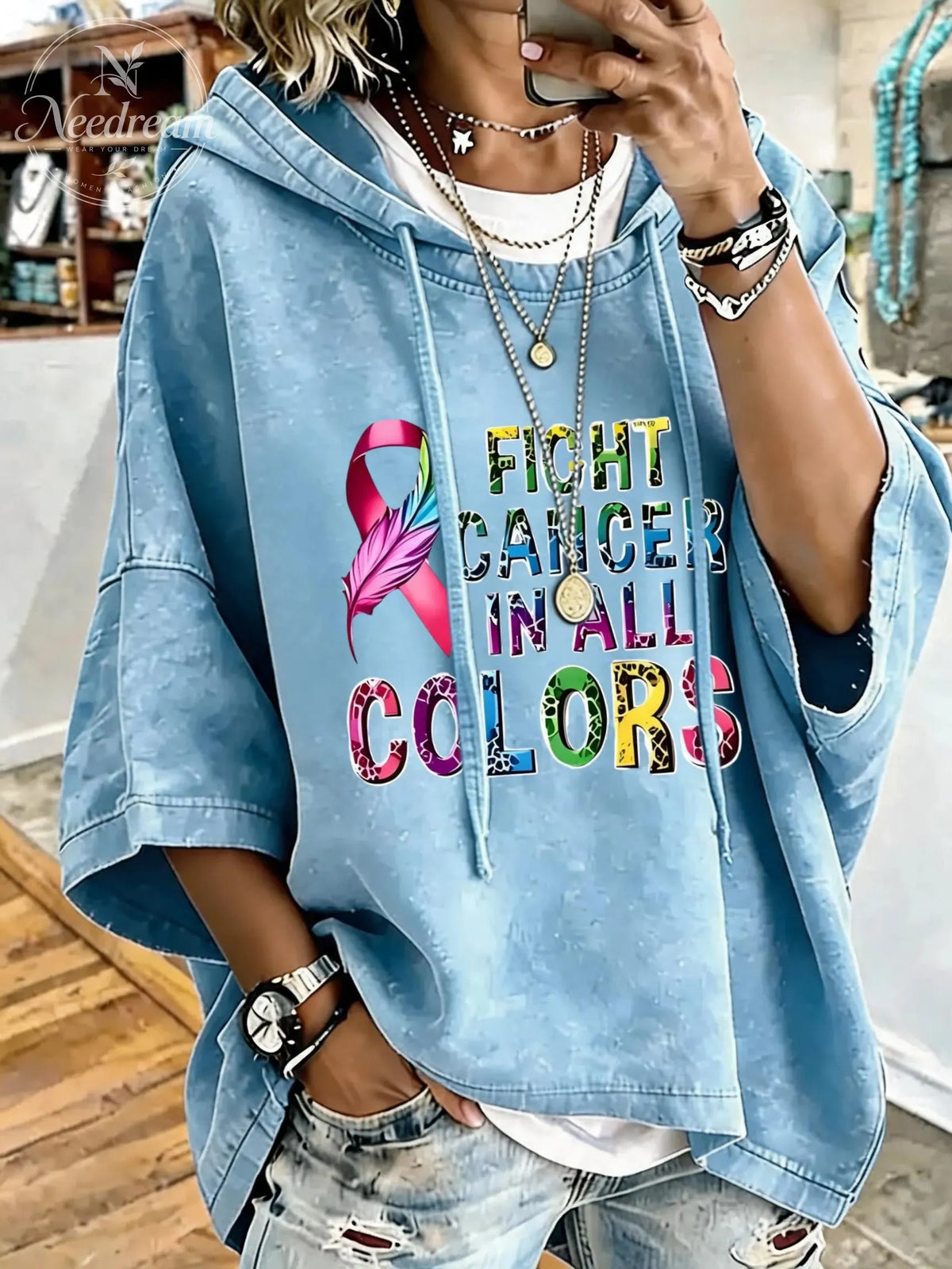 Women'S Fight Cancer In All Colors  Distressed Washed Oversized Hoodie