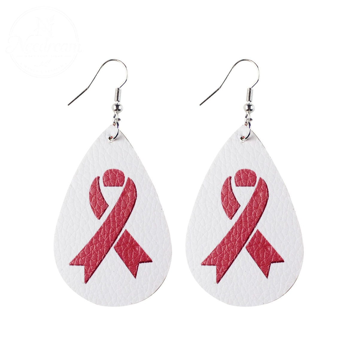 Pink Ribbon Artificial Leather Water Droplet Earrings