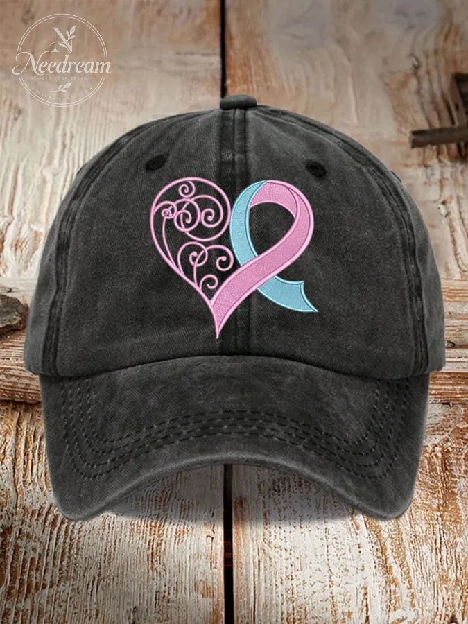 Unisex Distressed Washed Cotton Breast Cancer Ribbon Heart Printed Hat