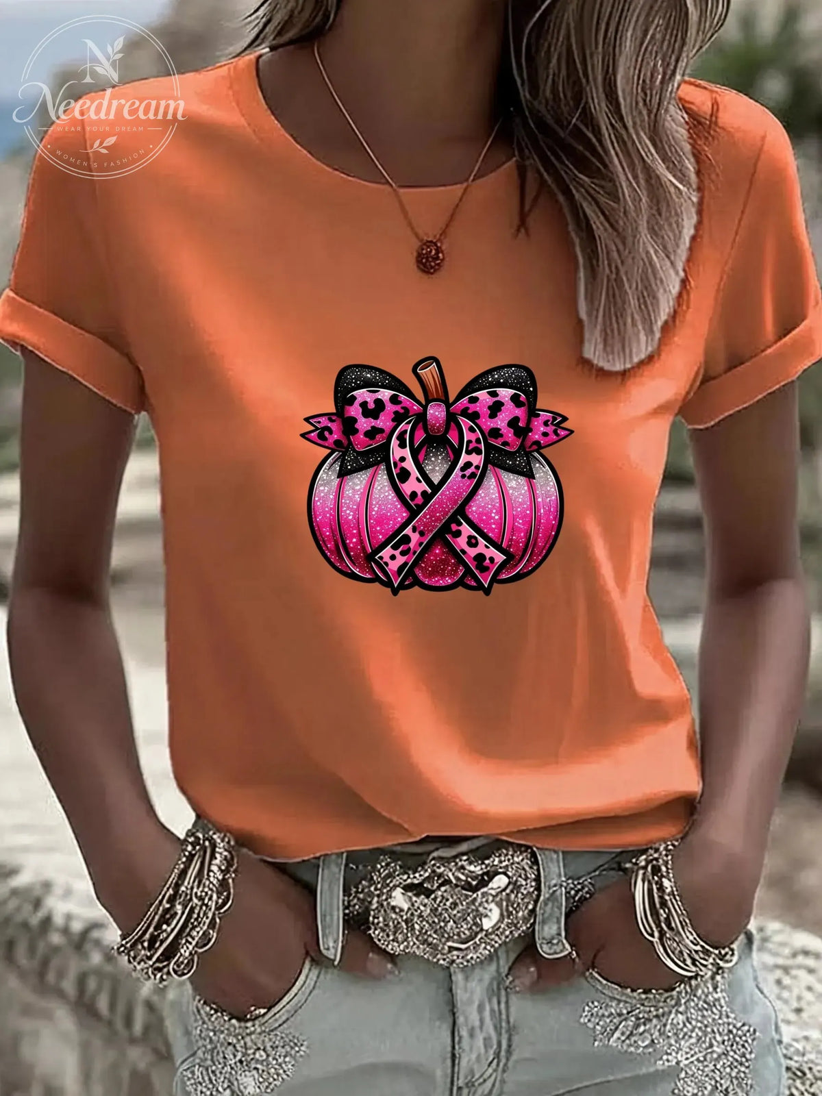 Women'S Breast Cancer Ribbon Pumpkin Casual Round Neck T-Shirt