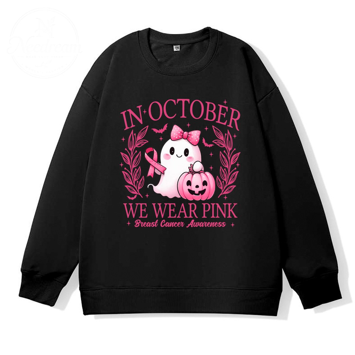 In October We Wear Pink Pattern 100% 300g CottonCrew Neck Sweatshirt