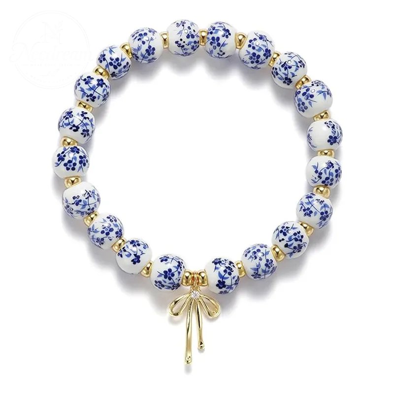 Diamond Studded Bow, Blue Blue Blue And White Porcelain Floral Bead Bracelet