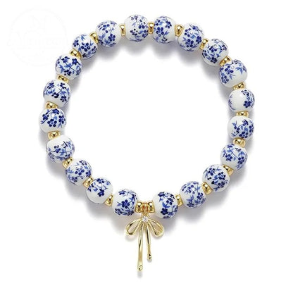 Diamond Studded Bow, Blue Blue Blue And White Porcelain Floral Bead Bracelet