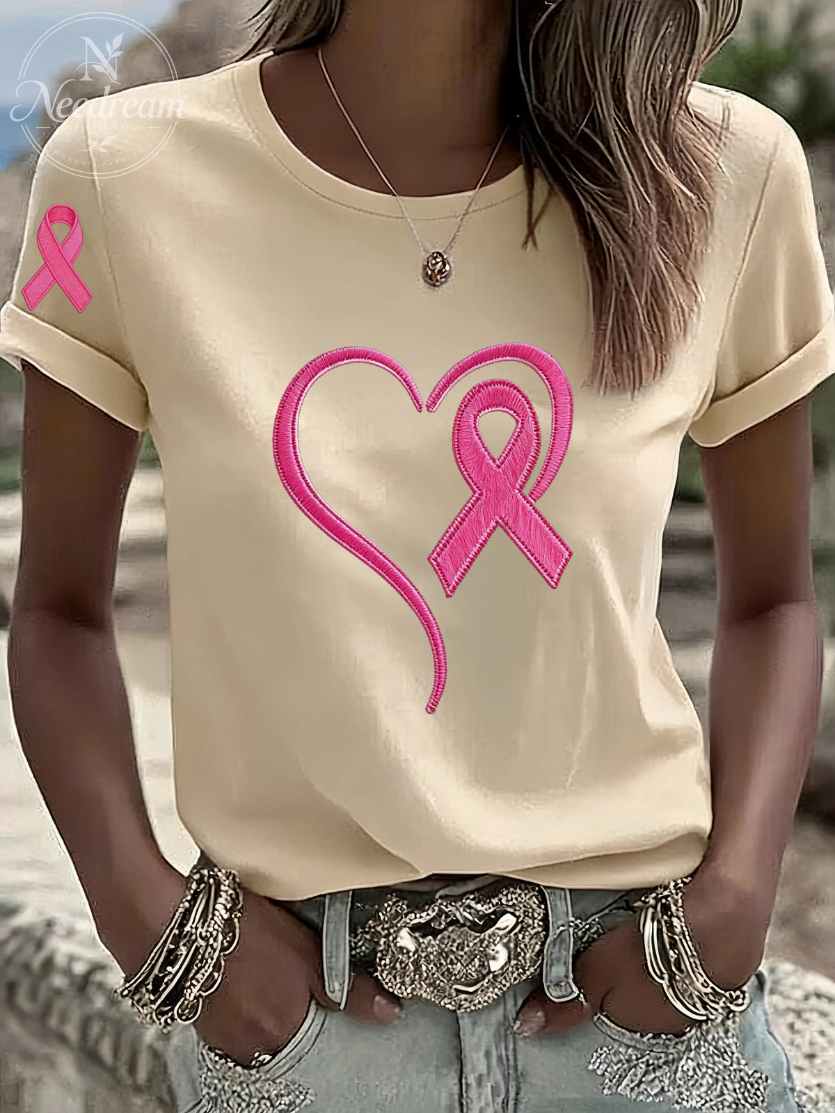 Women'S Breast Cancer Awareness Heart Ribbon Round Neck 100% Cotton T-Shirt