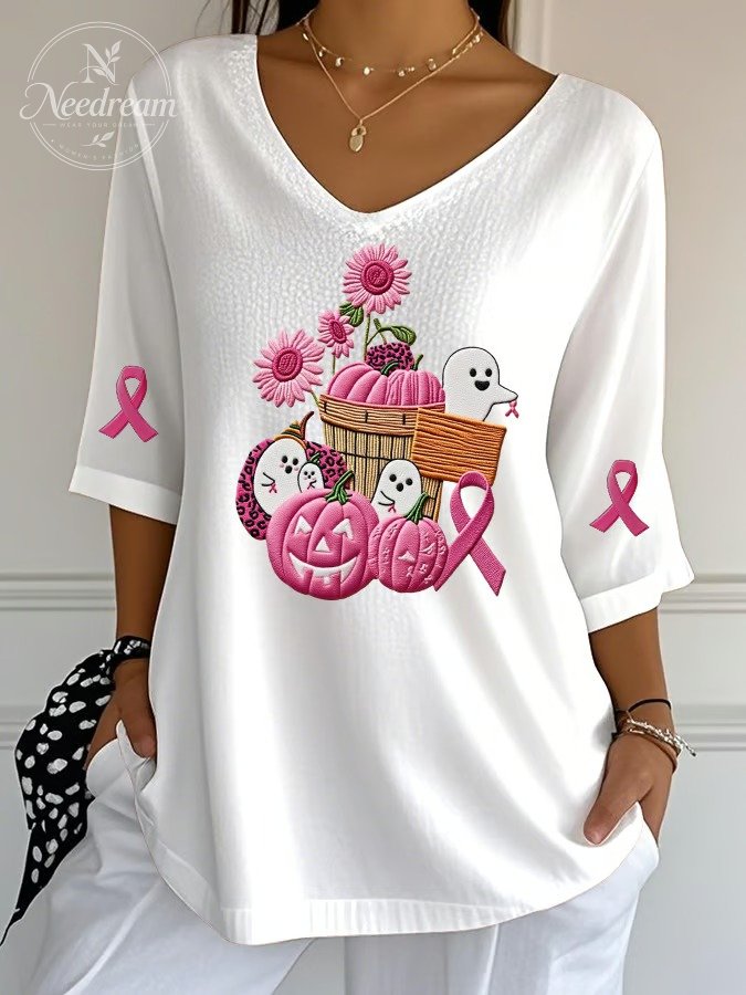 Women's Pink Pumpkin Ghost Print Ribbed Top