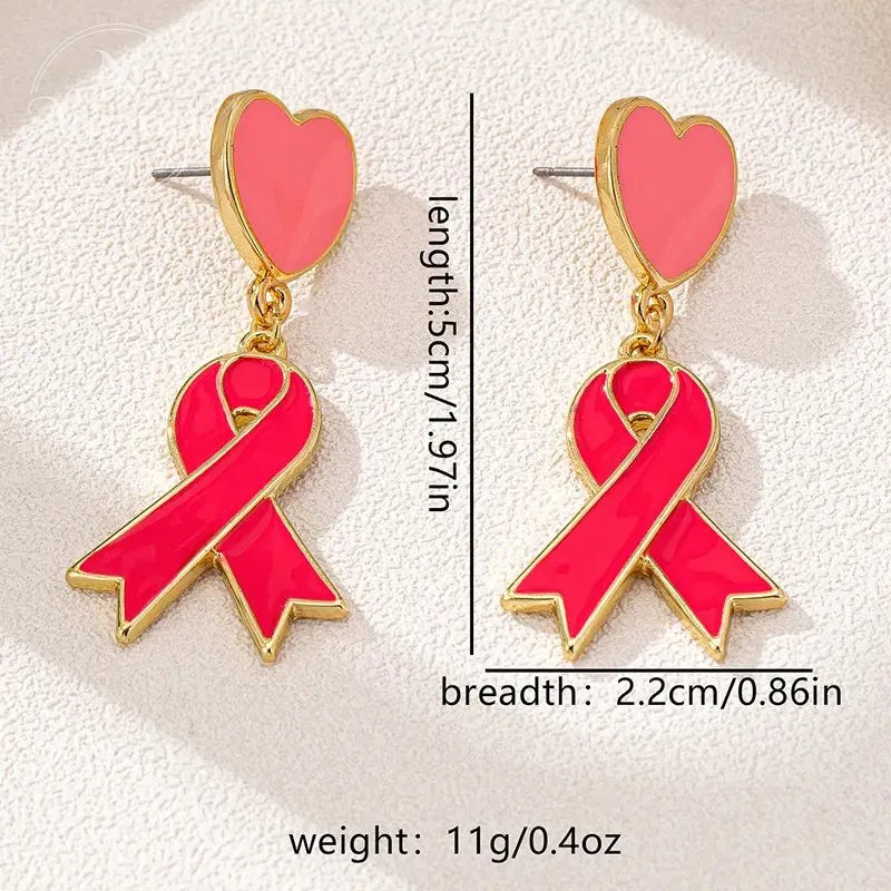 Pink Dripping Oil Heart Red Ribbon Earrings