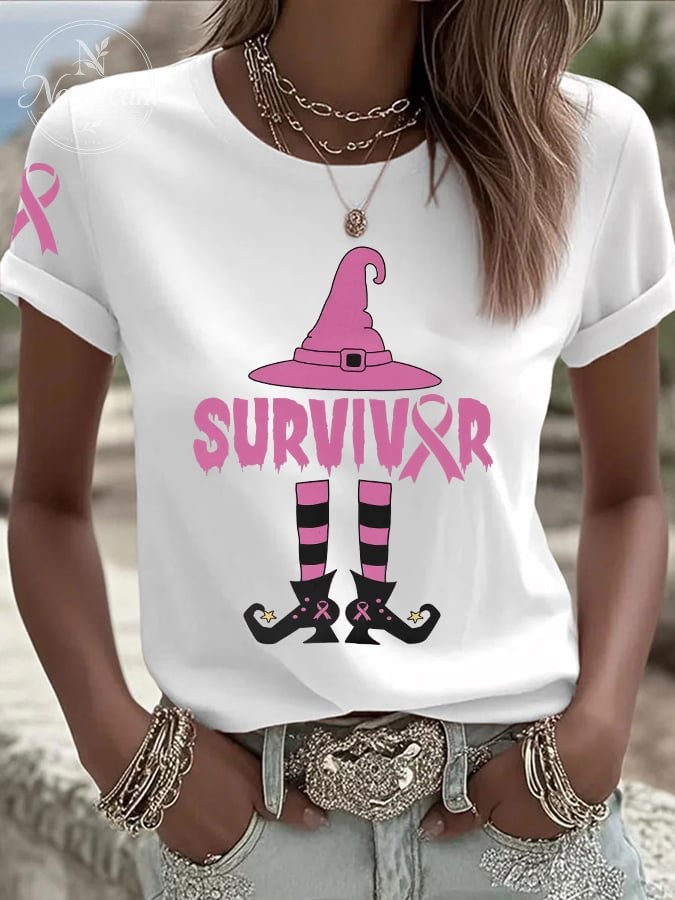 Women's Breast Cancer Survivor Witch Print Casual T-shirt