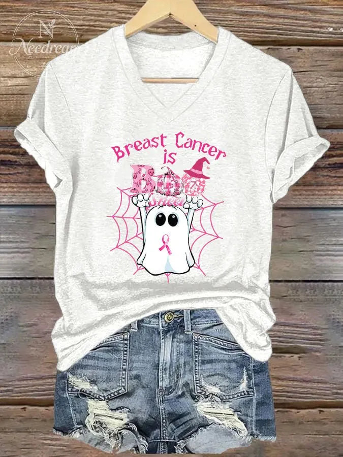 Women's Breast Cancer Is Boo Sheet Print V Neck T-shirt