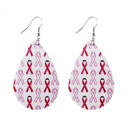 Pink Ribbon Artificial Leather Water Droplet Earrings