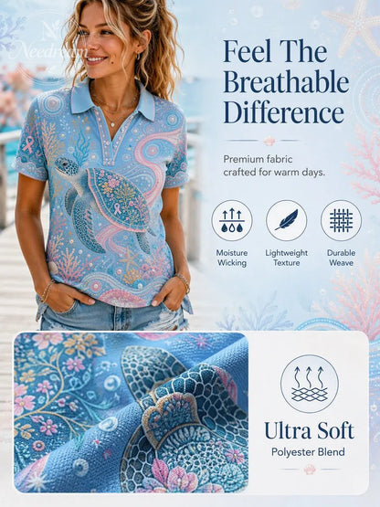 Women's Classic Polo Tee with Breast Cancer Ribbon – Flattering Fit & Everyday Style