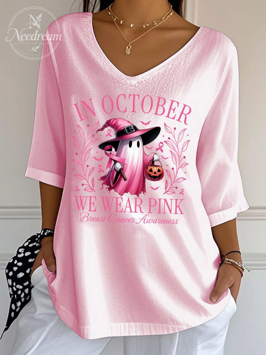 Women's Breast Cancer In October We Wear Pink Pattern  Print Wrinkle Top