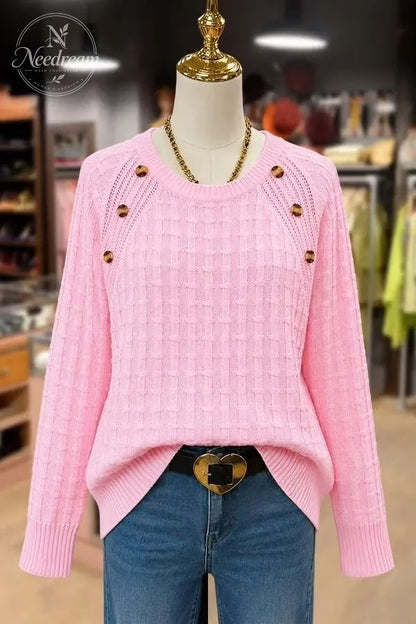 Women's Casual Button Detailed Round Neck Knit Sweater