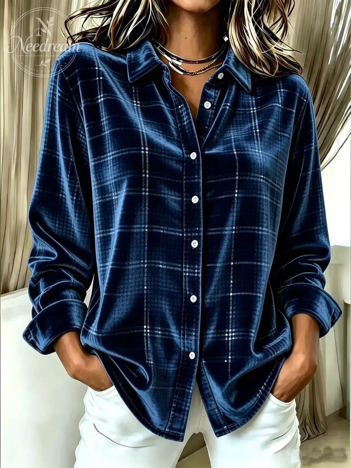Women'S Gold Velvet Long-Sleeve Shirt With Lapel And Single-Breasted Button Closure