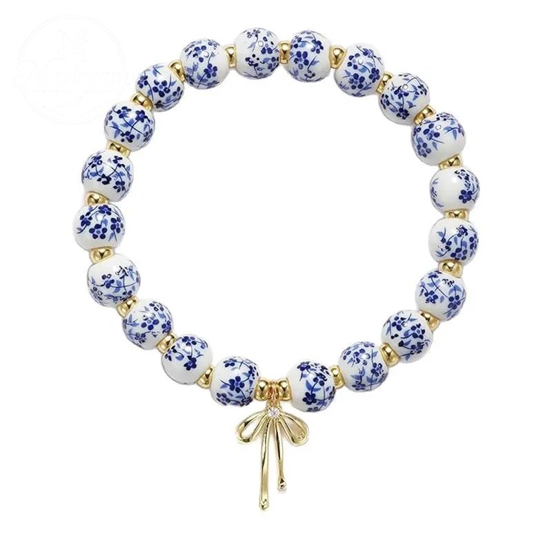 Diamond Studded Bow, Blue Blue Blue And White Porcelain Floral Bead Bracelet