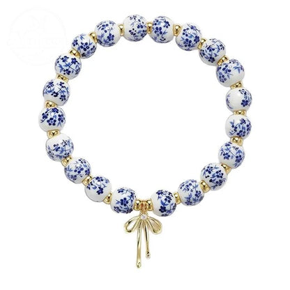 Diamond Studded Bow, Blue Blue Blue And White Porcelain Floral Bead Bracelet