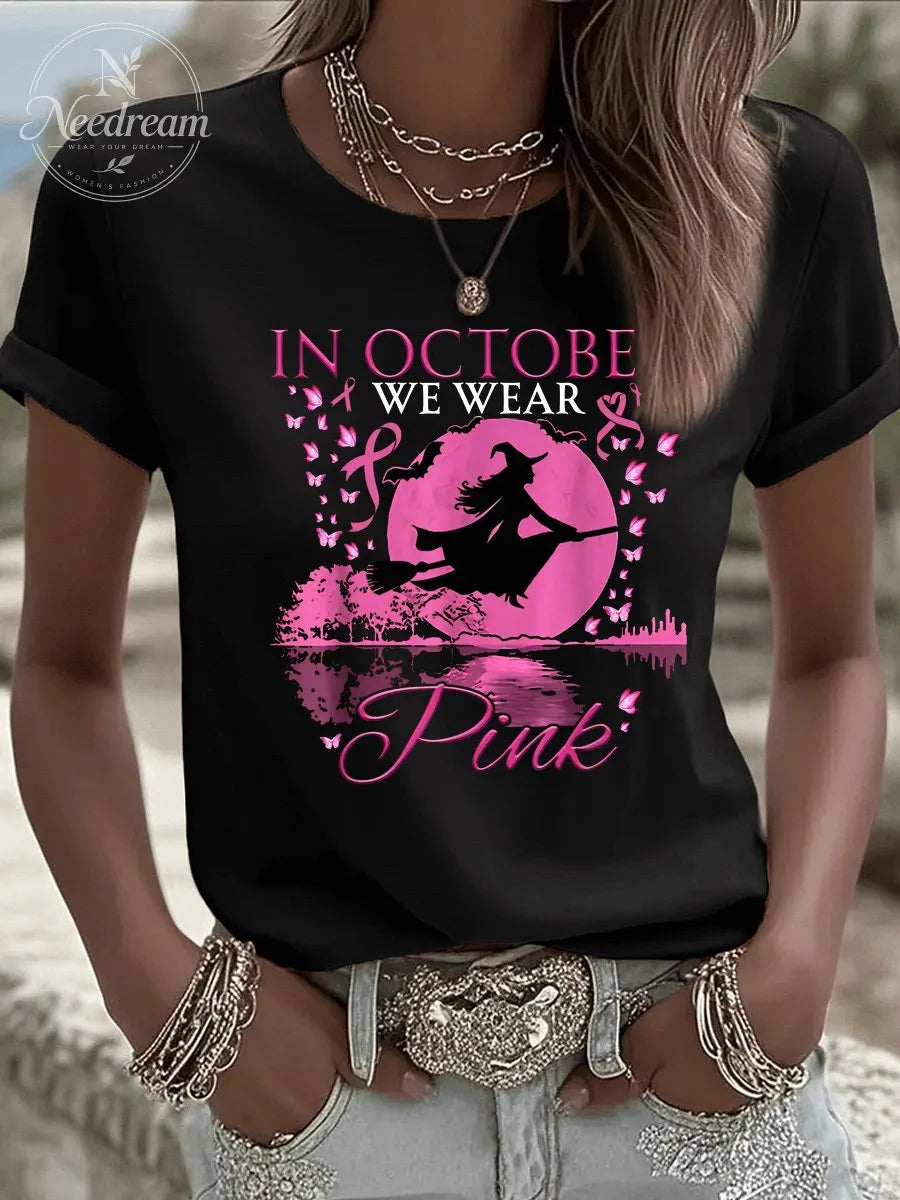 Women's  In October We Wear Pink Pattern Print Casual T-Shirt