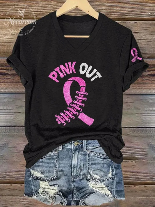 Women's Breast Ribbon Pink Out Printed Short-Sleeved T-Shirt