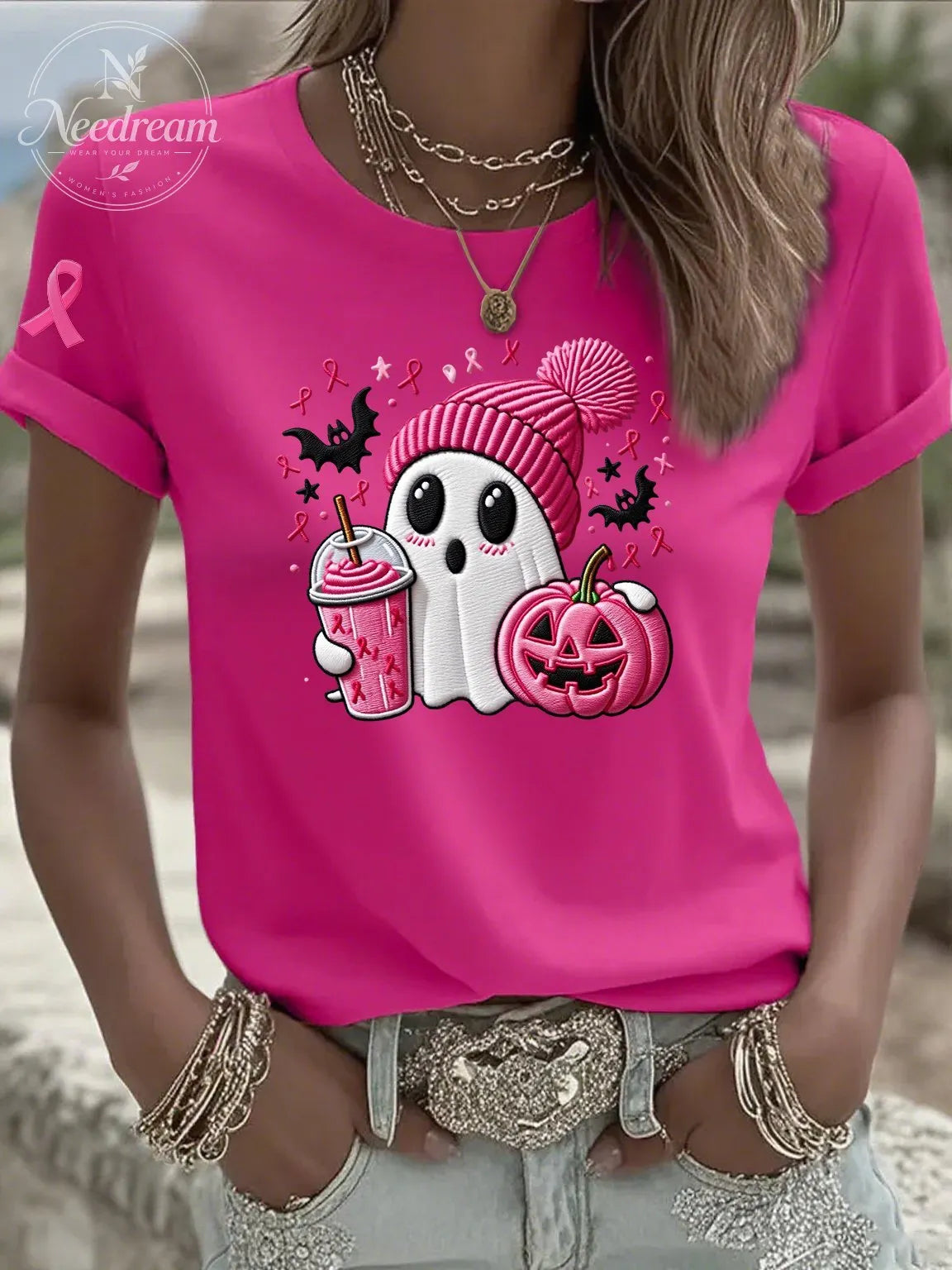 Women's Casual Pink Ghost T-Shirt