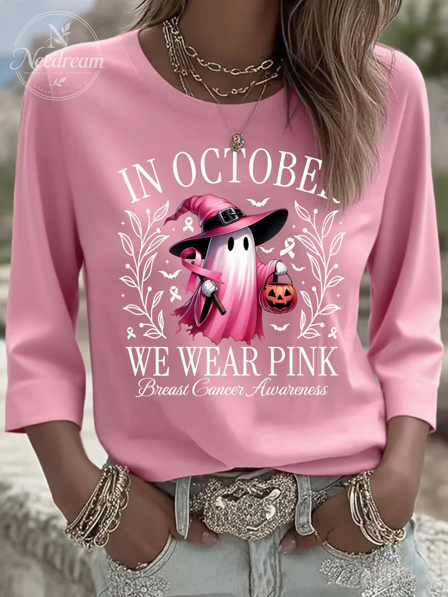 Women's Breast Cancer In October We Wear Pink Three-Quarter Sleeve Round Neck T-Shirt