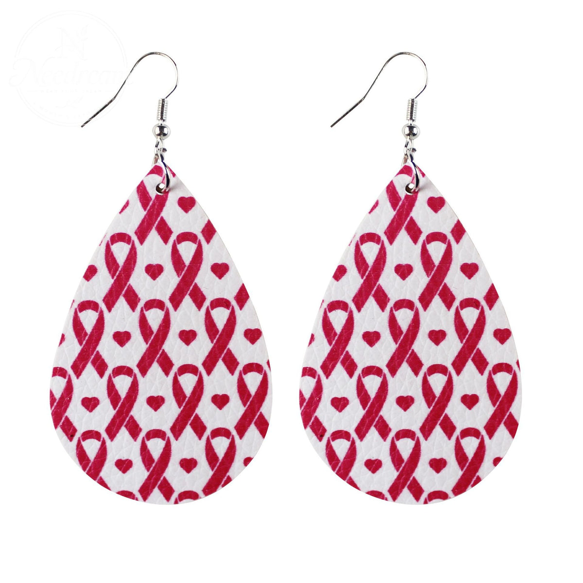 Pink Ribbon Artificial Leather Water Droplet Earrings