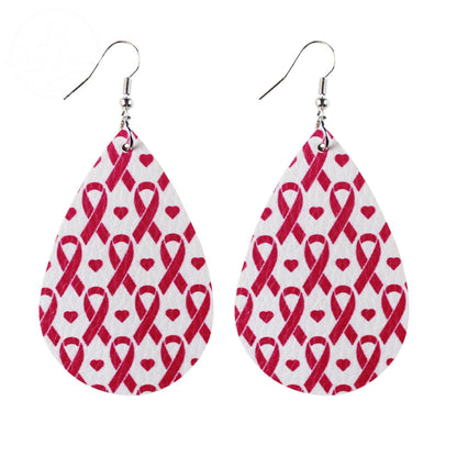 Pink Ribbon Artificial Leather Water Droplet Earrings