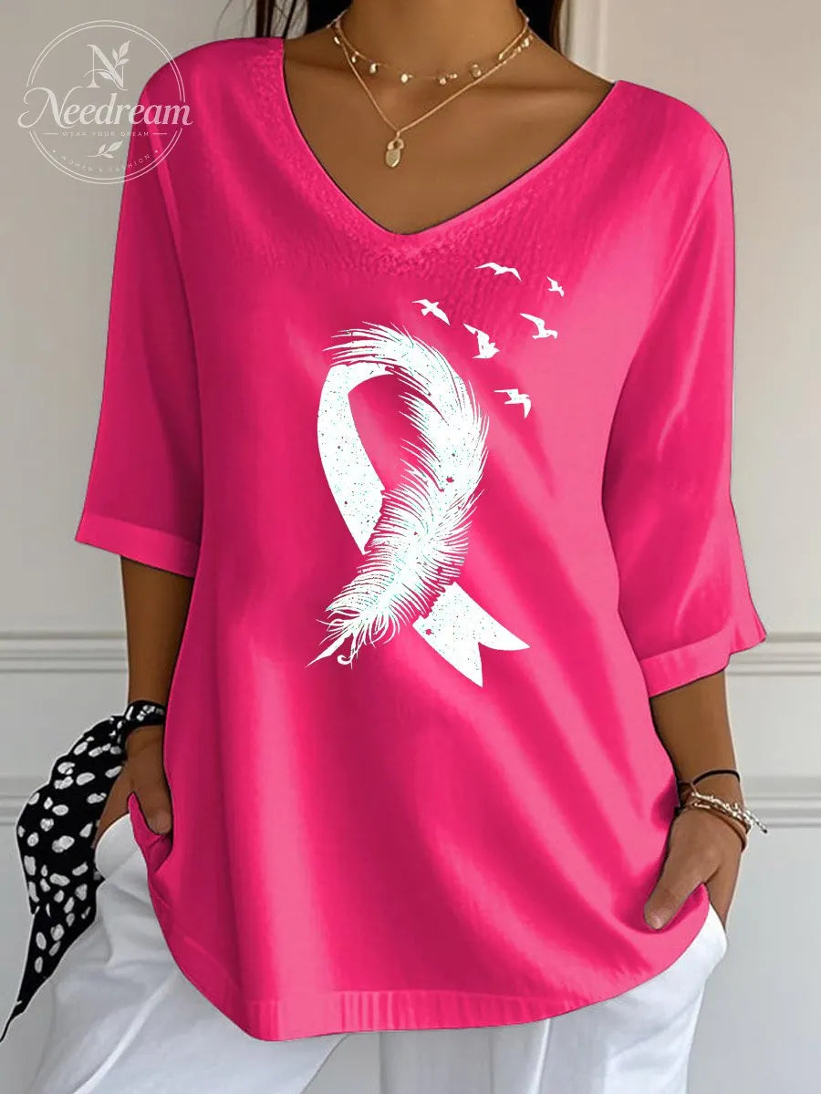 Women's Feather Bird Pink Ribbon  Pattern  Print Wrinkle Top