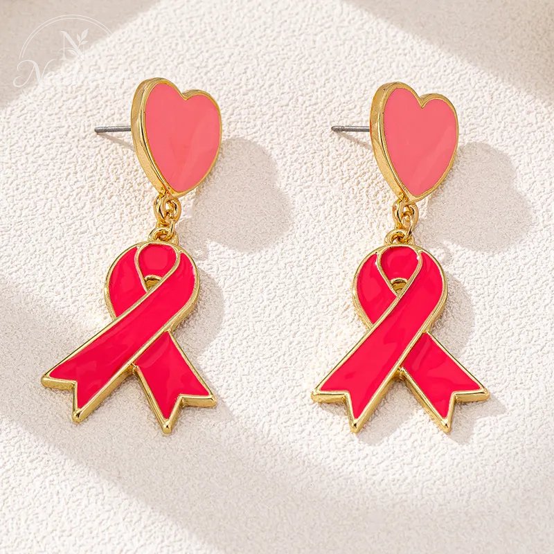 Pink Dripping Oil Heart Red Ribbon Earrings