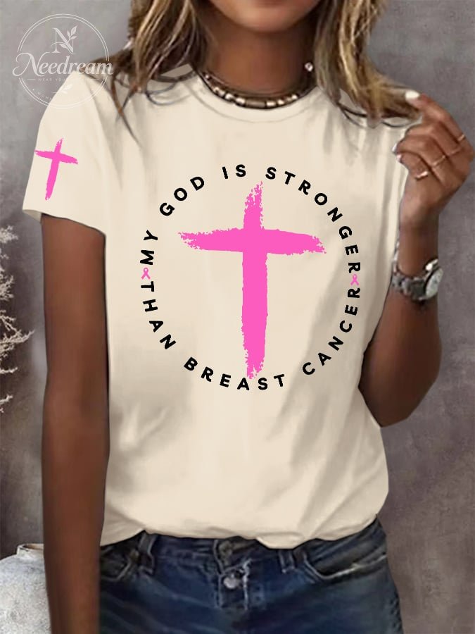Women's Retro My God Is Stronger Than Breast Cancer Awareness Christian Print T-Shirt