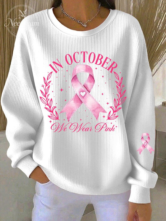 Women's Breast Cancer IN OCTOBER We Wear Pink Print Knit Crew Neck Long Sleeve Top