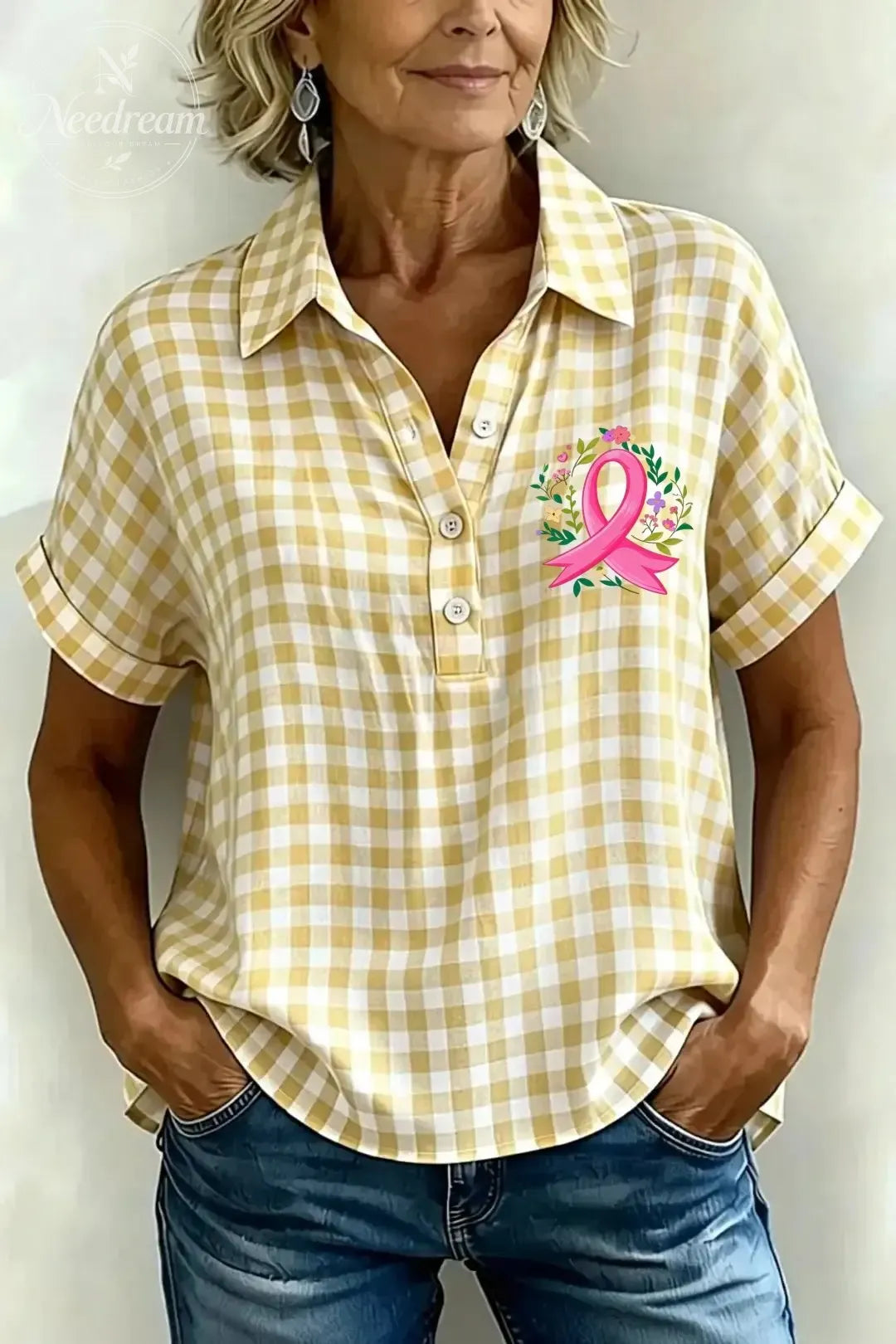 Women's Classic Plaid Cotton-Linen V-Neck Button-Front Shirt