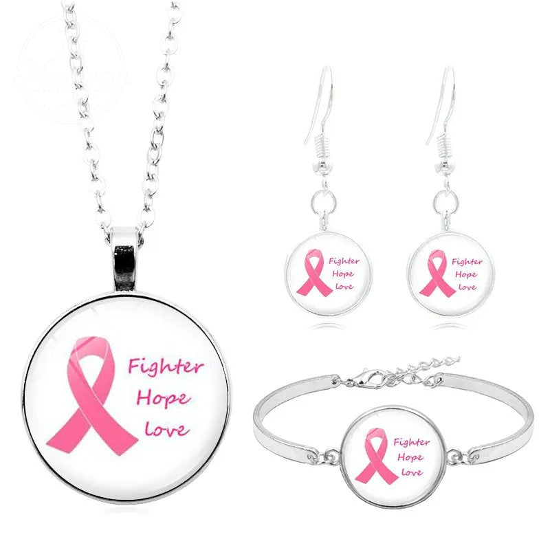 Breast Cancer Pink Ribbon Logo Necklace Set