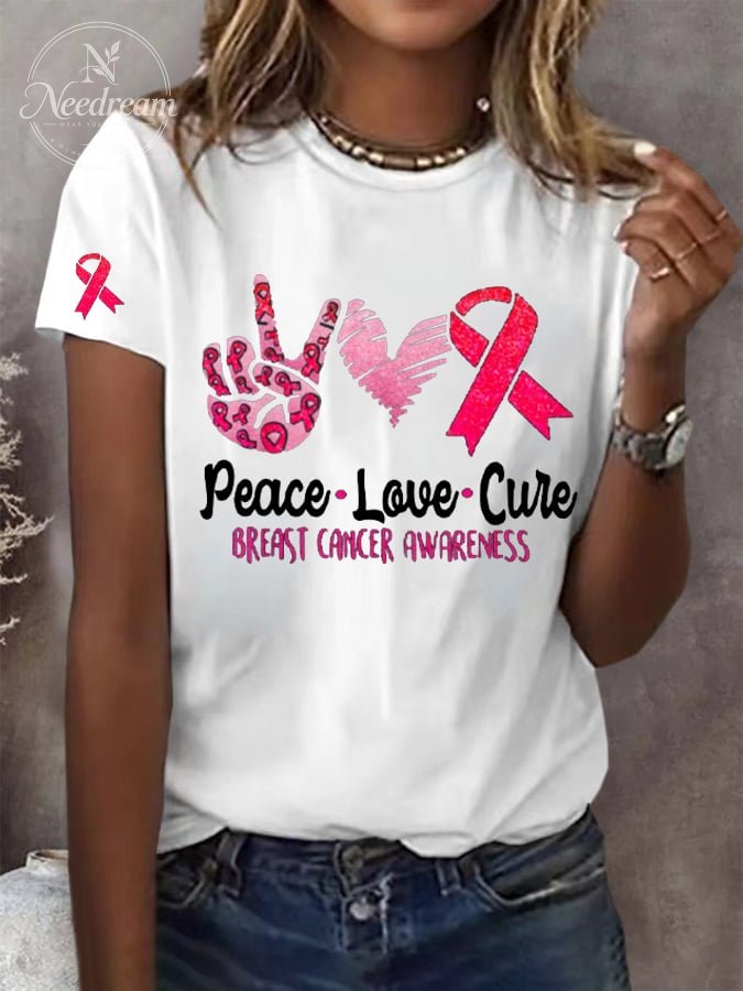 Women's Peace Love Cure Breast Cancer Printed Round Neck Short Sleeve T-Shirt