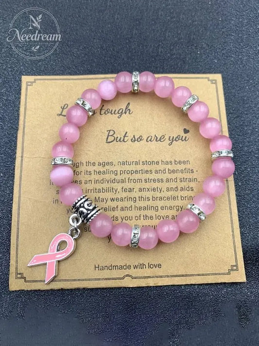 Breast Cancer Awareness 8mm Pink Zebra Stone Beads Bracelet