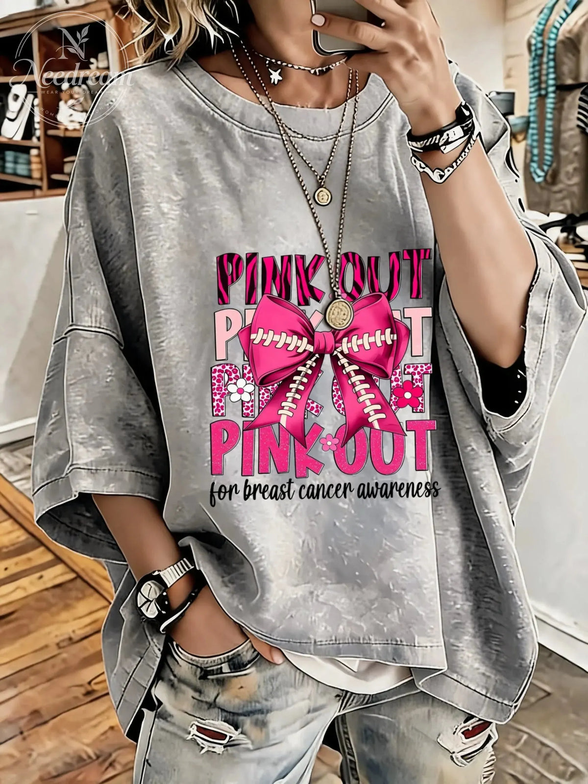 Women'S Pink Out Breast Cancer Awarenes Distressed Washed Oversized T-Shirt