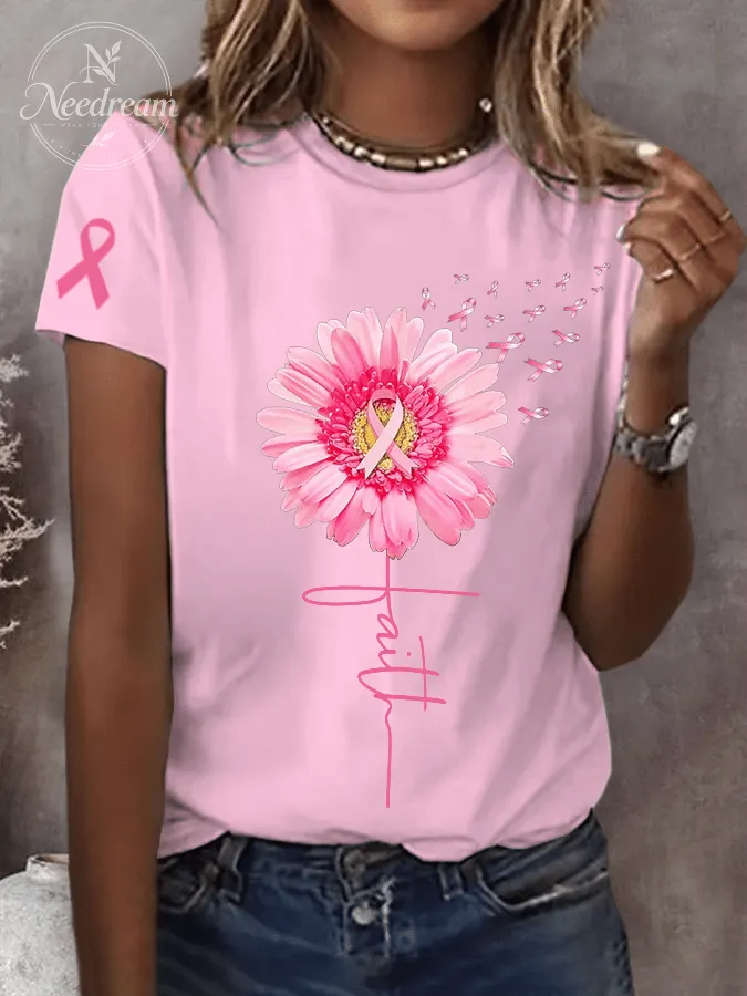 Women's Pink Daisy Faith Pink Ribbon Faith Hope Love Breast Cancer Awareness Print Round Neck Short Sleeve T-Shirt