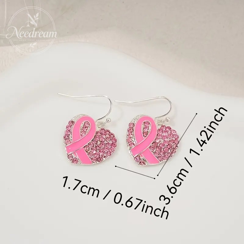 Pink Ribbon Heart Crystal Earrings