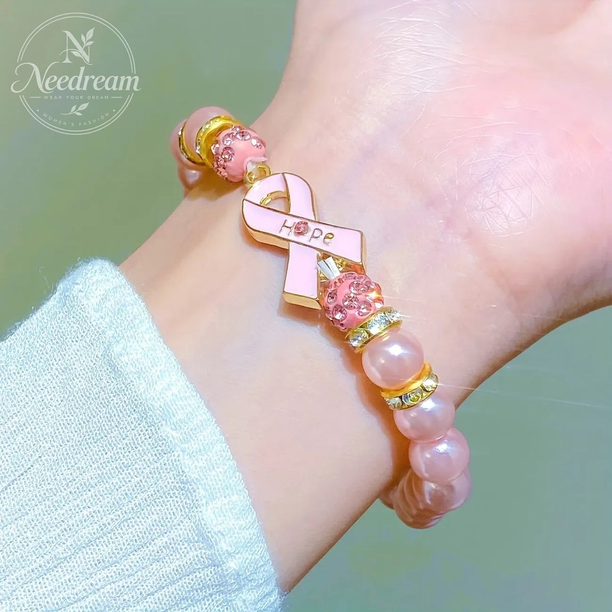Pink Ribbon Pearl Bracelet With Elegant Hope Charm