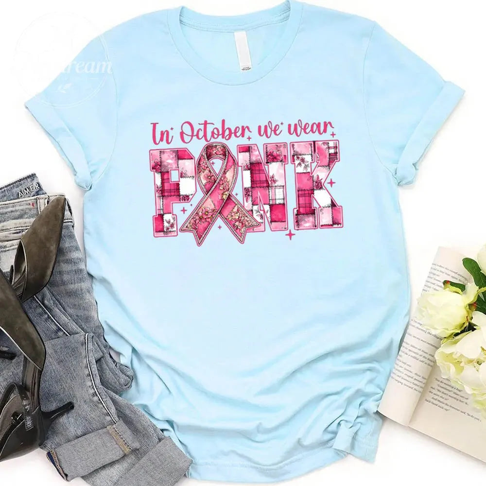 Women's Vintage In October We Wear Pink  Pattern Round-Neck T-Shirt