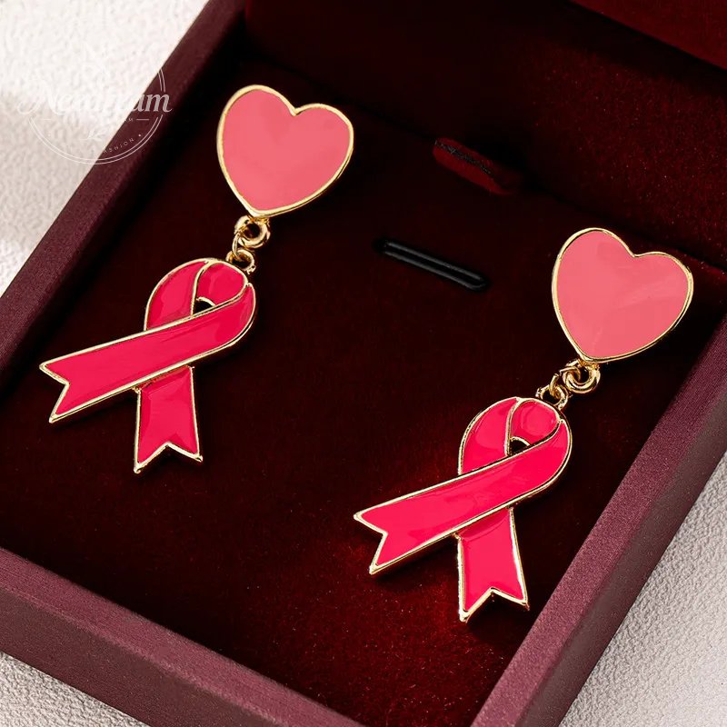 Pink Dripping Oil Heart Red Ribbon Earrings