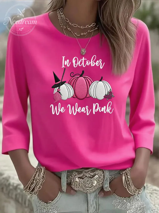 Women's In October We Wear Pink Three-Quarter Sleeve Round Neck T-Shirt