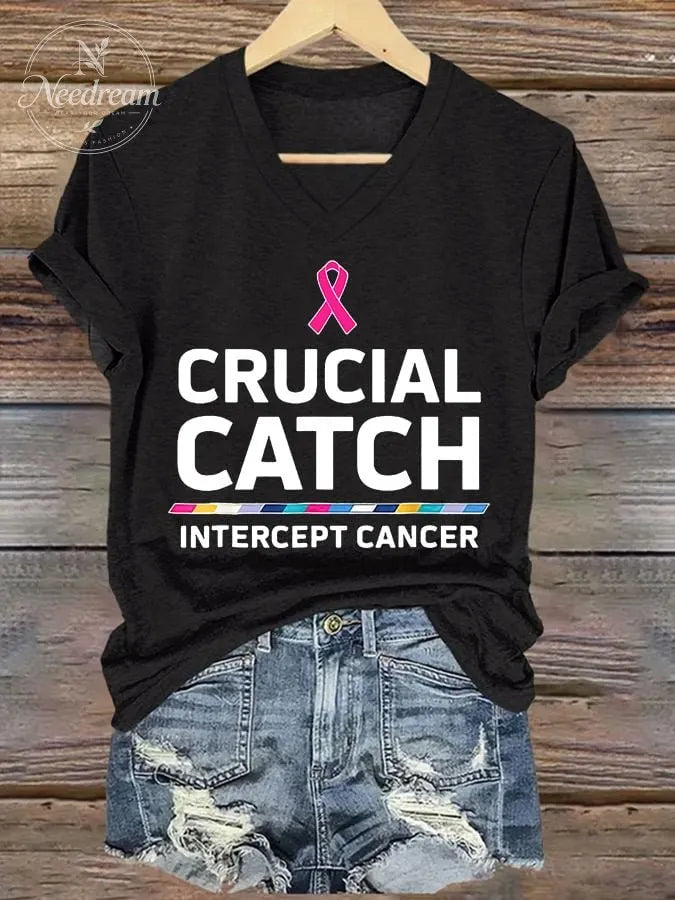 V-neck Retro Breast Cancer Awareness Crucial Catch Intercept Cancer Print T-Shirt
