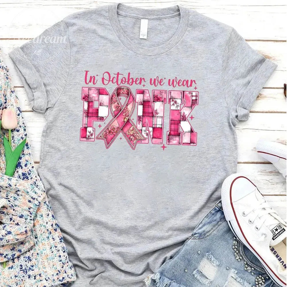 Women's Vintage In October We Wear Pink  Pattern Round-Neck T-Shirt